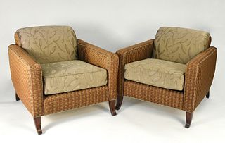 Pr of Swain floral upholstered and woven lounge chairs