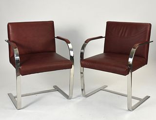 Pair of chrome and brown leather Knoll style armchairs