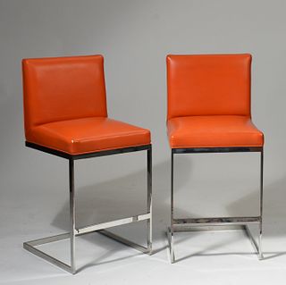 Mid-century chrome orange leather counter stools