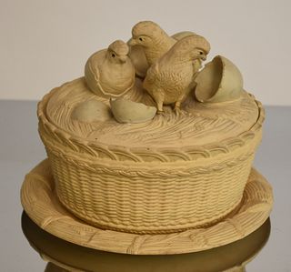 19th C. caneware covered basket signed WS&S
