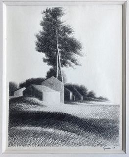 Graphite drawing by Robert Kipniss, barns with trees