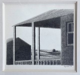 Graphite drawing by Robert Kipniss, farmhouse porch