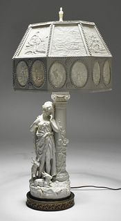 Parian figural lamp with tin shade & lithopane panels