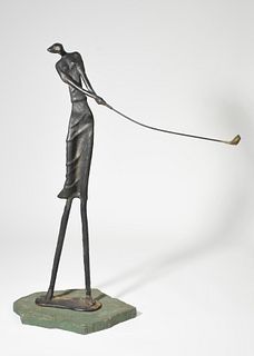 Mid-century painted iron sculpture, woman golfer