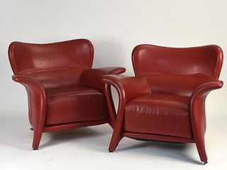 Pair of red leather lounge chairs by Maurice Villency