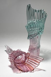 Richard Royal glass vase, teal & rose, signed & dated