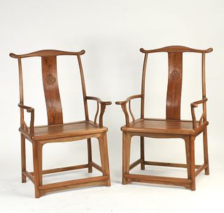 Pair of Chinese yoke back armchairs