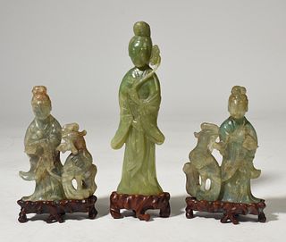 Three Chinese green hardstone carved Quan Yin figures
