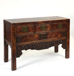 Carved Asian cabinet with three drawers