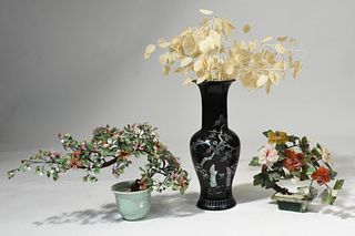 Two jade & hardstone bonsai trees with a porcelain vase