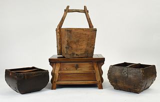 Asian wooden foot stool along with three carved baskets