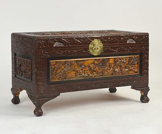 Asian carved wooden chest on claw feet