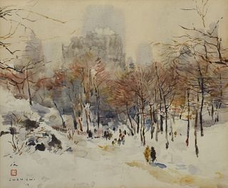 Watercolor, NYC Central Park winter, signed Chen Chi