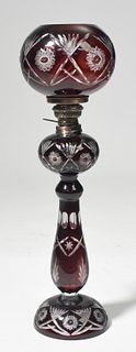 20th C. ruby cut to clear glass oil lamp