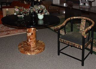 A horned veneered armchair and table
