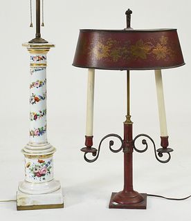 Two lamps, painted toleware and porcelain