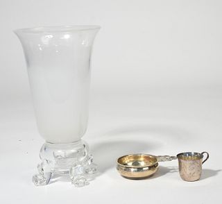Large Steuben  vase with a sterling porringer & cup