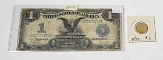 1887-S $5 Dollar gold piece & a 1899 silver certificate