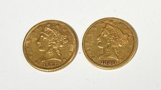 Two $5 dollar gold coins, 1880 and 1882