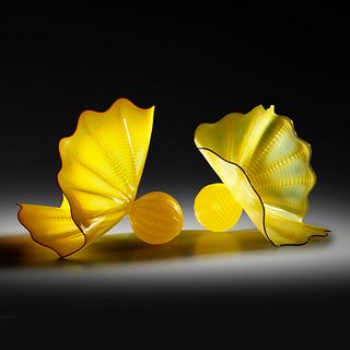 Dale Chihuly, Buttercup Yellow Persians with Red and Oxblood Lip Wraps, set of two