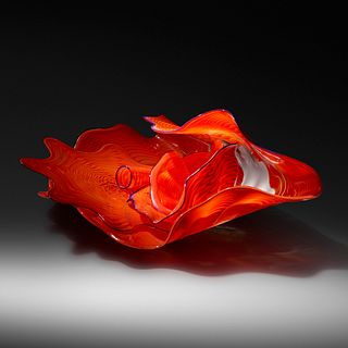 Dale Chihuly, Vermilion and Orange Persian Set with Blue Lip Wraps