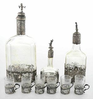 Silver and Glass Cordial Set, Nine Pieces 