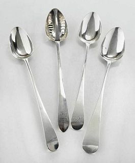 Four English Silver Stuffing and Strainer Spoons