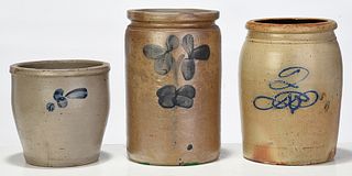 Three Cobalt Decorated Stoneware Crocks