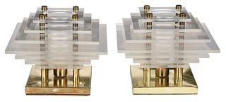 Pair of Modern Brass and Plexiglass Table Lamps
