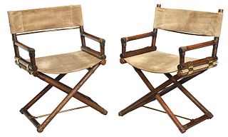 Pair Oak, Brass, Suede Folding Director's Chairs