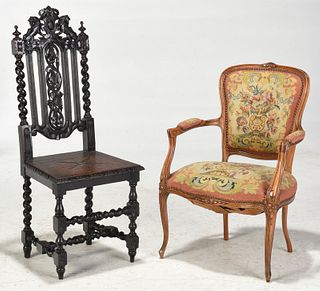 Louis XV Style Arm Chair, Carved Oak Side Chair