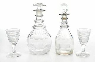 Ten Regency Cut Glass Wine Glasses, Two Decanters