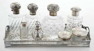Eight Piece Dresser Set with Silver Plate Tray