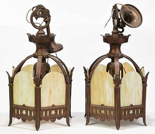 Pair of Gothic Style Slag Glass Hall Lanterns