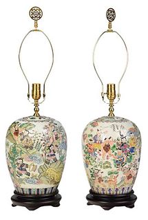 Pair Chinese Enameled Porcelain Lamps
