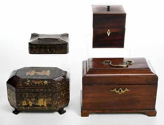 Four Early Lacquered and Mahogany Tea Caddies