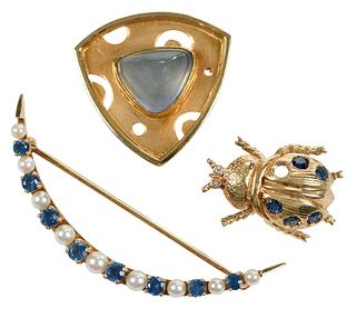 Three Gold and Gemstone Brooches