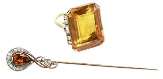 Platinum Topped 14kt. Gemstone Stickpin and Ring