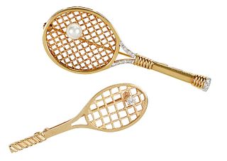 Two Gold and Gemstone Tennis Racket Brooches