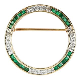 14kt. Diamond and Emerald Circle Brooch