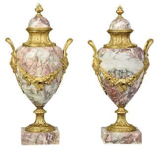 Pair Louis XVI Style Breche Violette Marble Urns