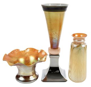 Kew-Blas and Two Steuben Aurene Art Glass Vases