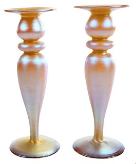 Pair of Durand Gold Iridescent Candlesticks