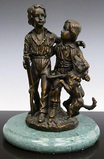 SMALL BRONZE STATUE OF 2 PALS AND DOG ON BASE