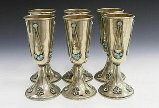 (6) PERSIAN SILVER  CABOCHON GOBLETS (14 OZT)