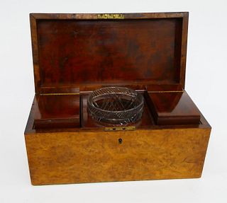 ANTIQUE BURLED WOODEN ENGLISH TEA CADDY