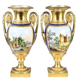 Pair of French Pair Porcelain Painted Vases