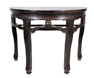 Massive Chinese Wood Carved Demilune Table