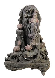Early Republic Chinese Carved Quanyin w Waterfall