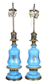 French Gilt Opaline Glass Pair of Lamps